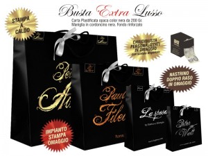 BUSTE IN CARTA LUSSO NERA PLASTIFICAZIONE OPACA EXTRA impianto stampa, chiudibusta e nastrino doppio raso omaggio 